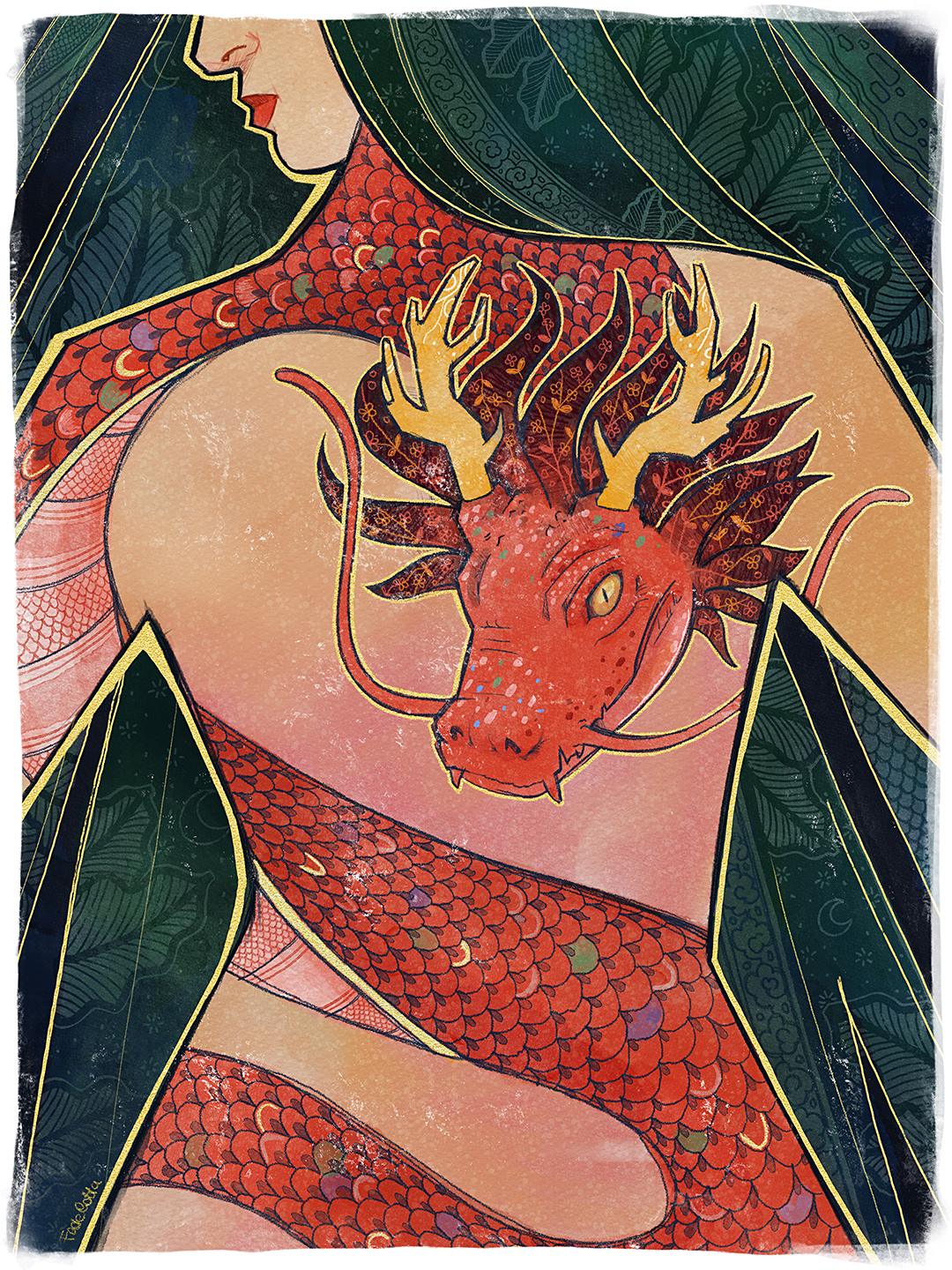 Chinese New Year Dragon digital illustration featuring a woman and dragon with modernized Chinese patterns and golden details