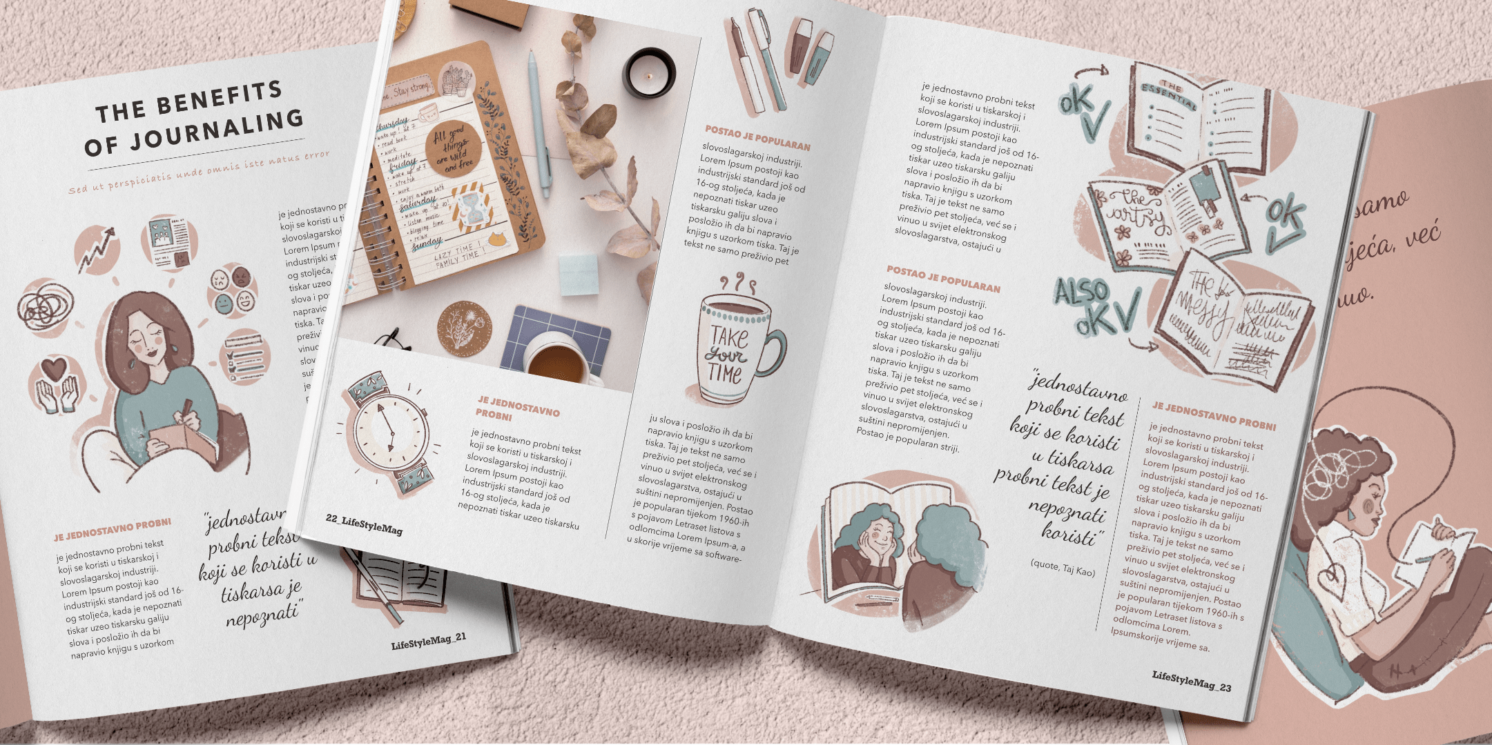 Spread di rivista di lifestyle e benessere con illustrazioni spot sui benefici del journaling