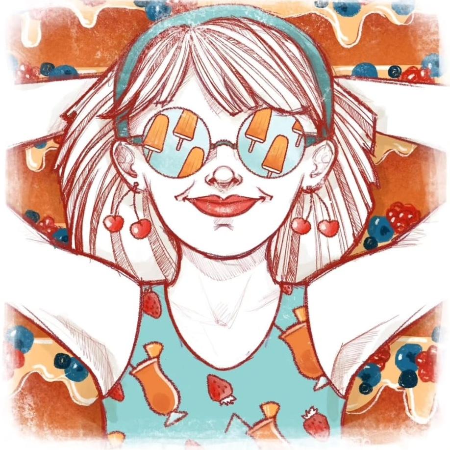 Illustrazione di ragazza con dolci estivi spensierata arancione e azzurro