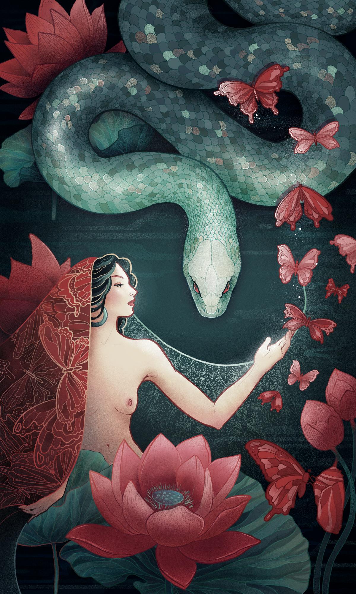 Illustration dedicated to Snake chinese year featuring a woman, lotus flower, snake and butterflies, as symbol of transformation