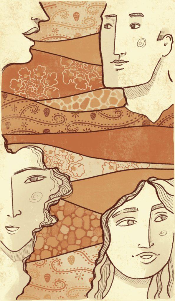 Etruscan-inspired digital wine label illustration with four serene faces and patterns symbolising conviviality, history, and nature