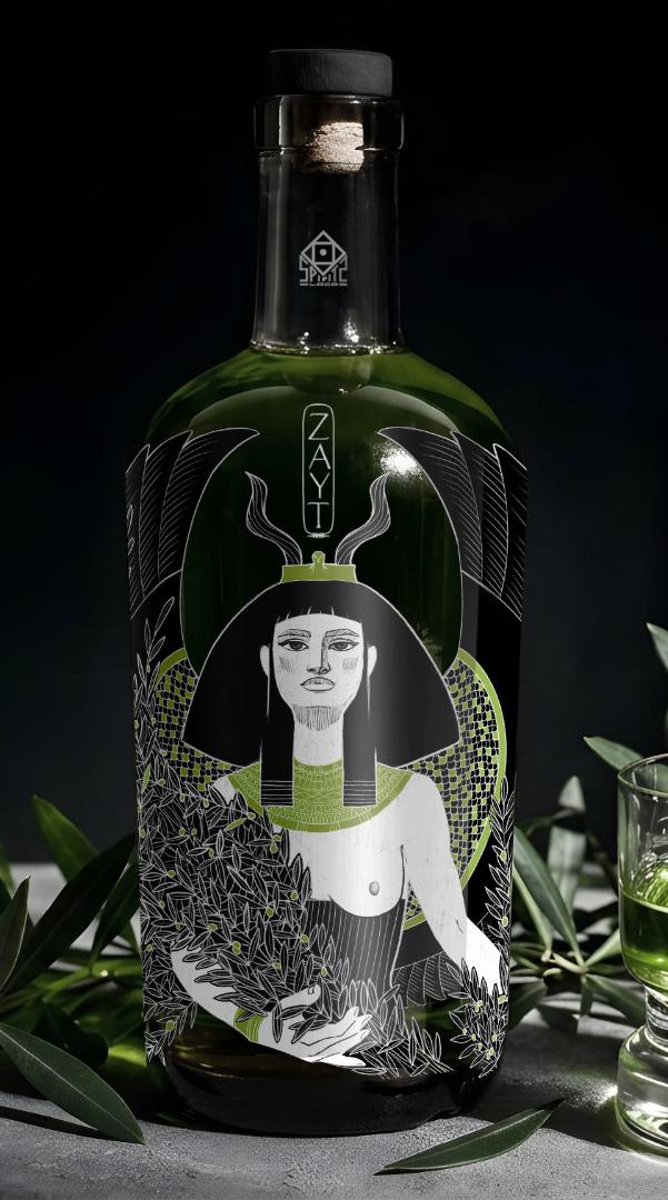 An olive leaf spirit bottle featuring the ancient goddess Isis