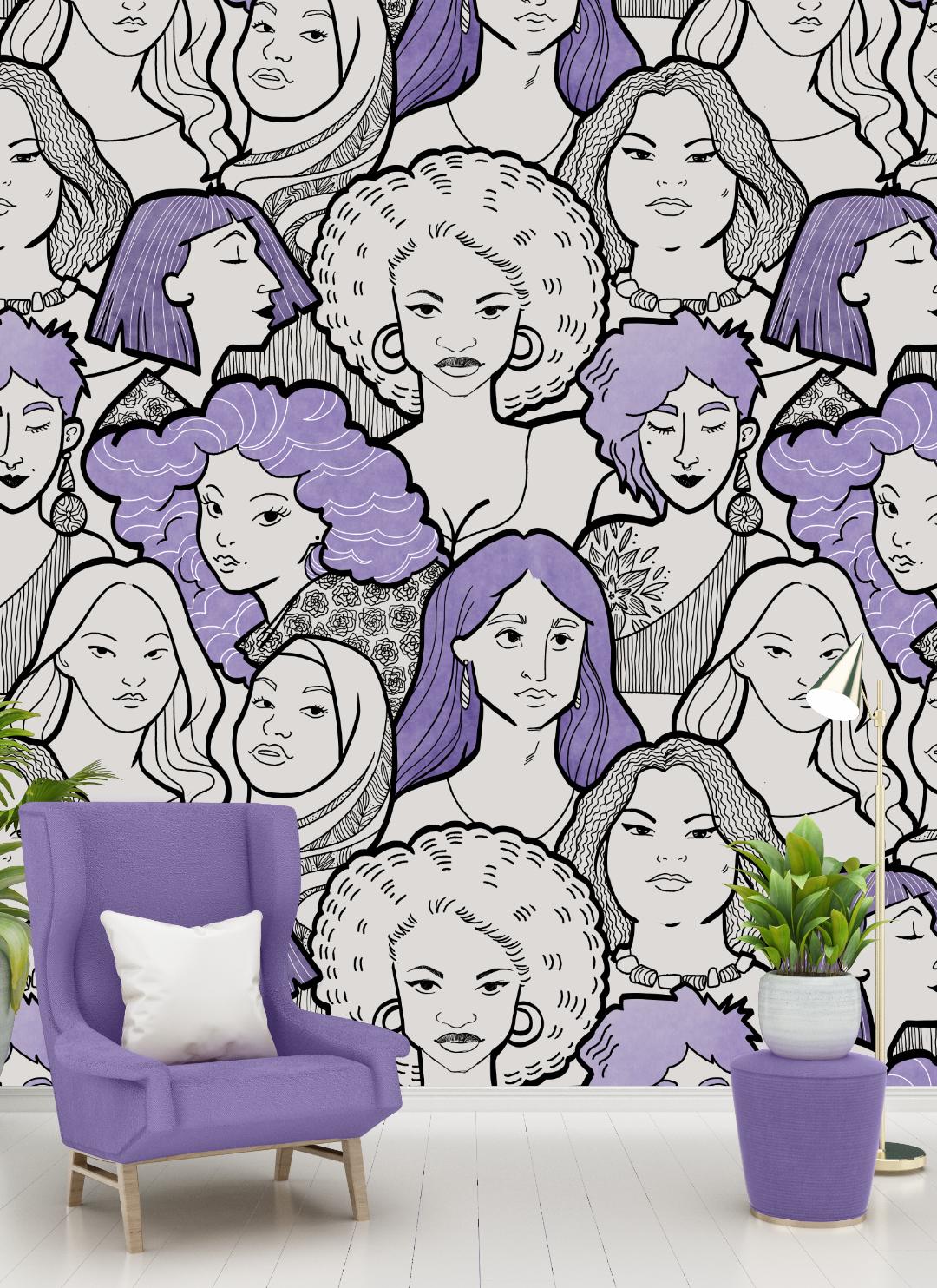 Pattern with diverse women’s faces in feminist-inspired colors celebrating authenticity, empowerment, and female identity.