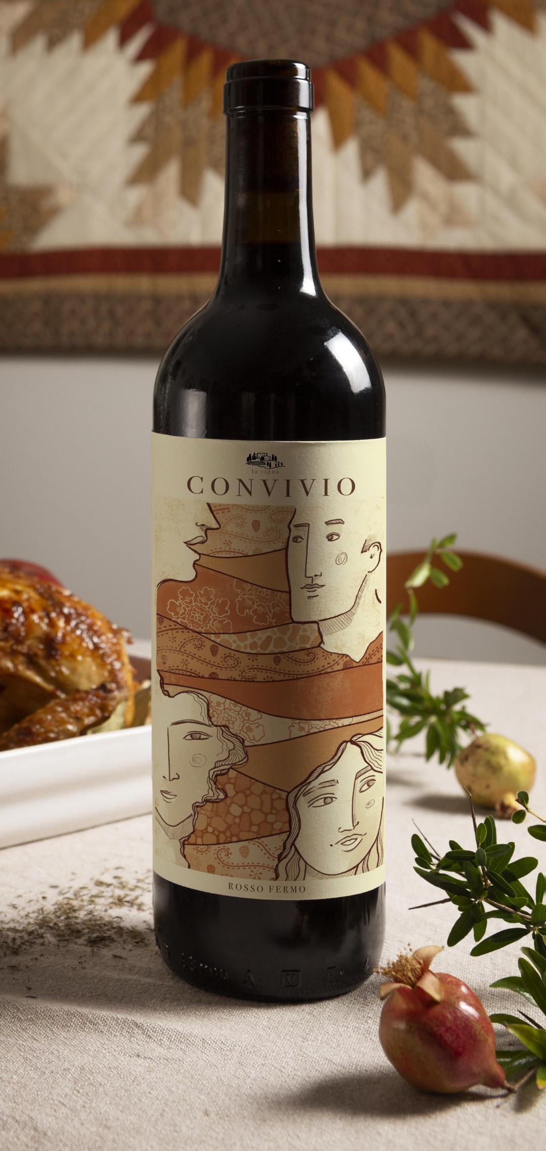 Etruscan-inspired digital wine label illustration with four serene faces and patterns symbolising conviviality, history, and nature