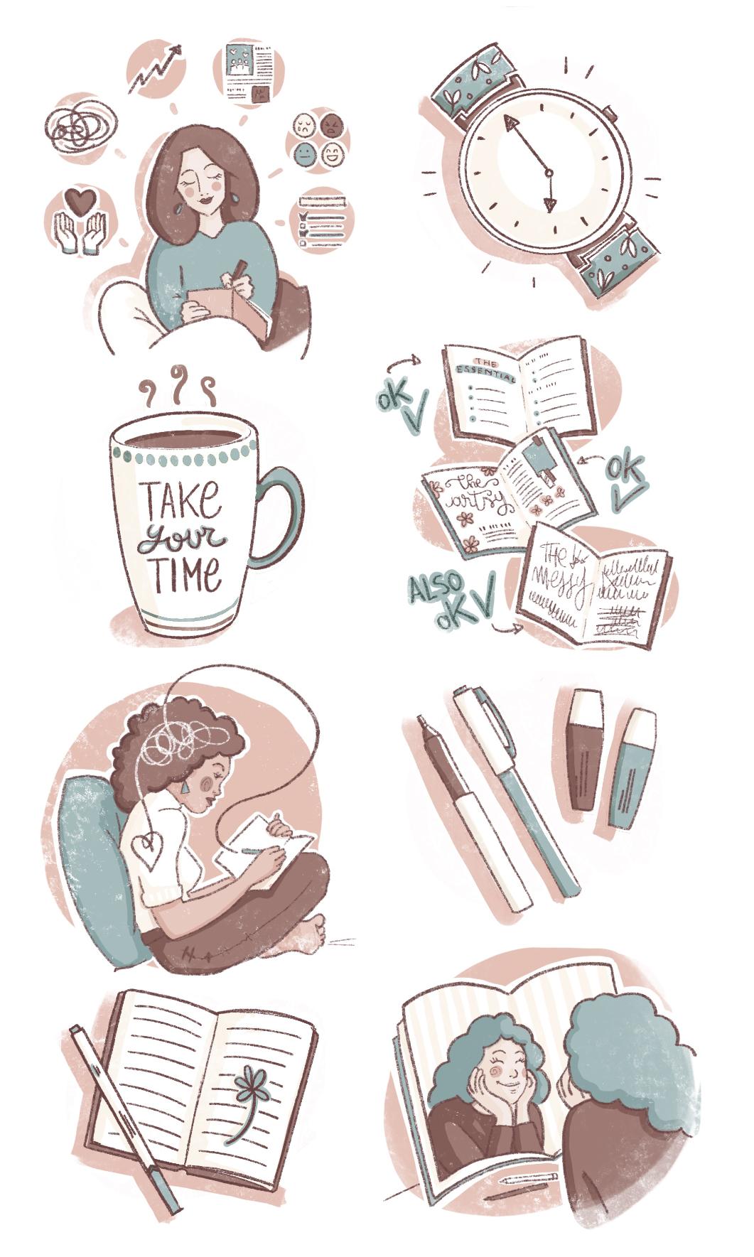Collection of eight spot illustration about journaling