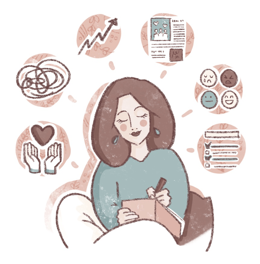 Illustrated journaling concept: gratitude and emotional release, promoting mental well-being and authenticity.