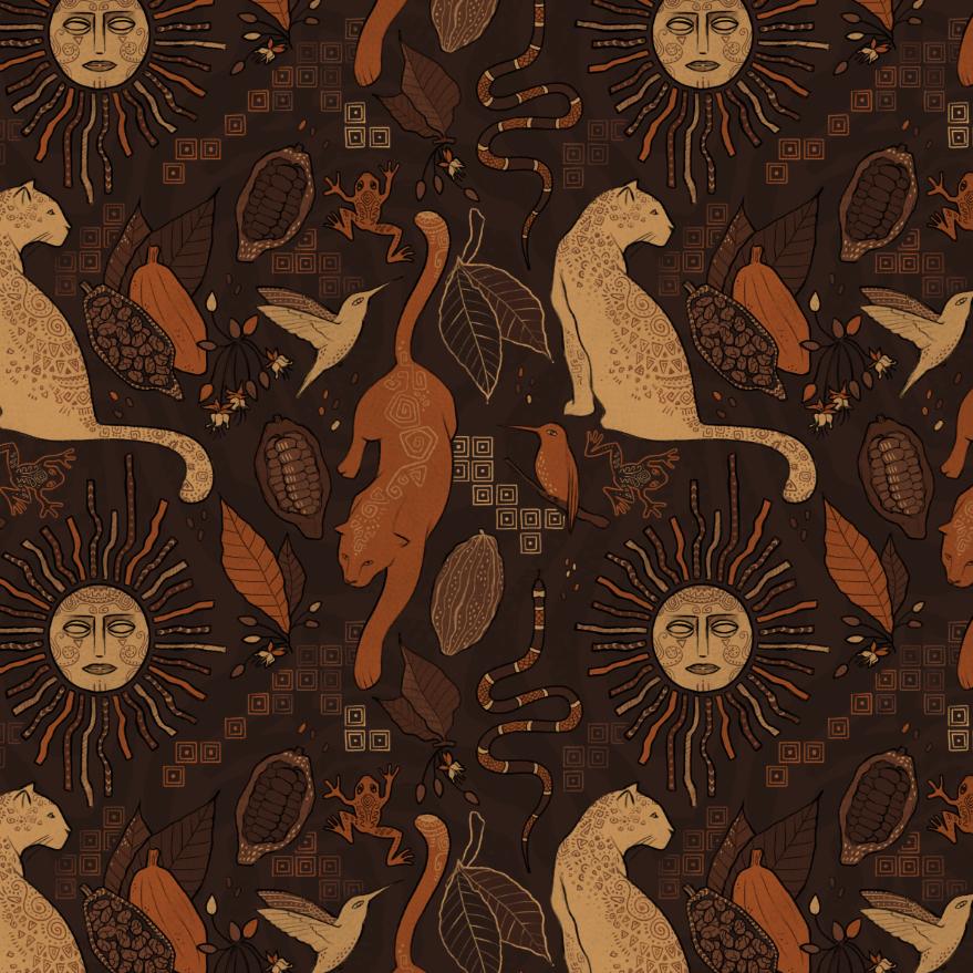 Pattern featuring andine animals, sun and symbols, for an elegant and exotic chocolate packaging