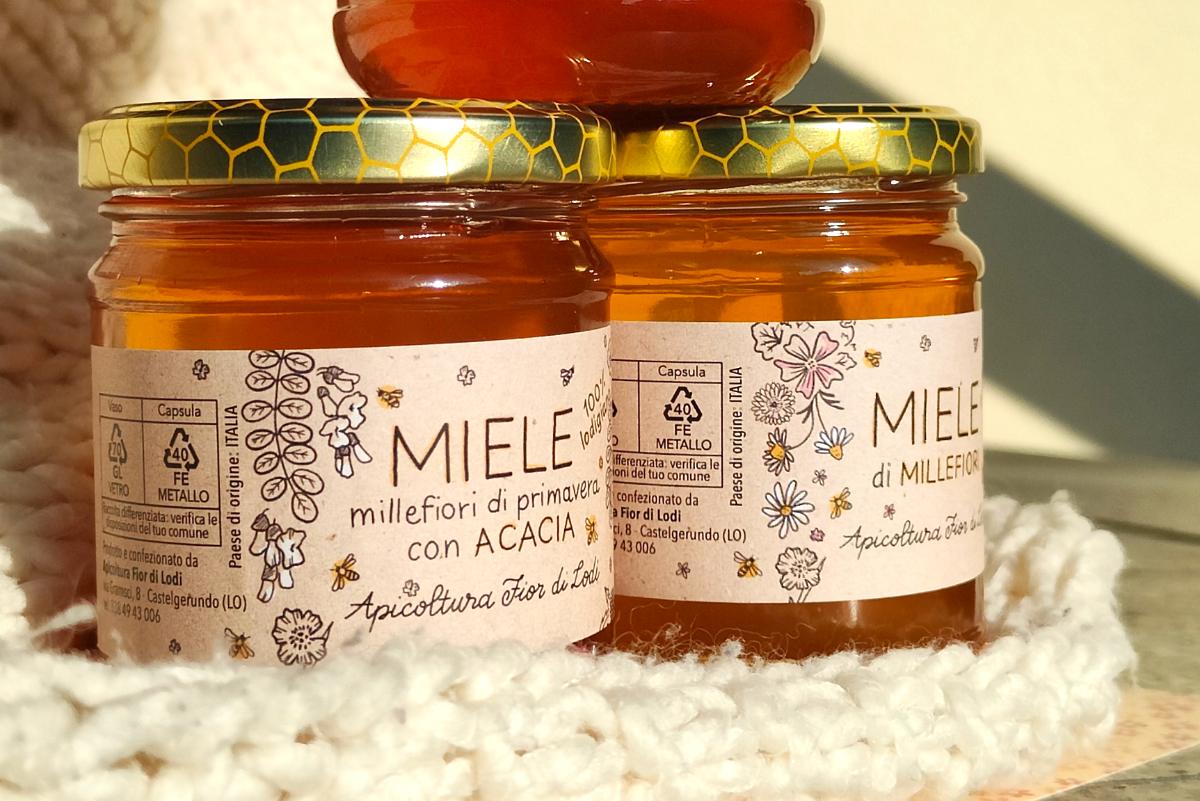 Illustrated label design for natural artisanal honey, featuring hand-drawn botanical elements inspired by the Lodigiano countryside