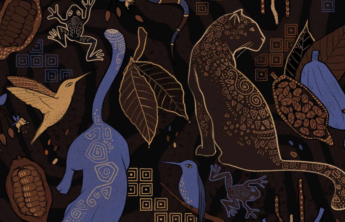 Pattern featuring andine fauna and flora for dark chocolate