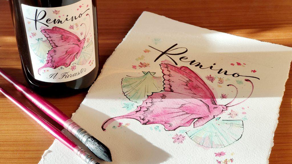 Illustration featuring a pick colorful butterfly in watercolor designed for a wine label