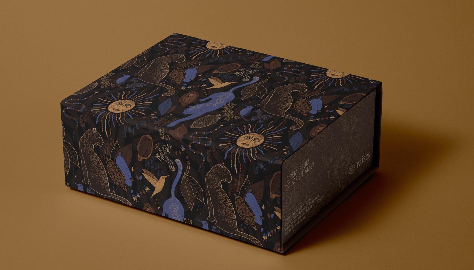 Una scatola pensata come confezione regalo per prodotti di cioccolato, con un packaging illustrato elegante ed esotico