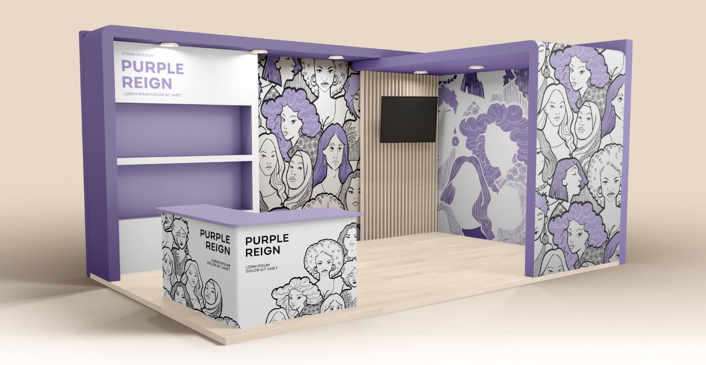 Stand decorato con pattern di volti di donna viola lilla, celebrazione della donna e del bello della diversità