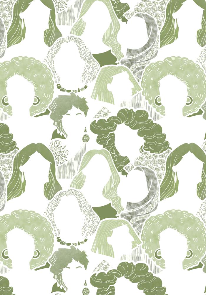 Woman celebrating pattern green variant, ideal for spaces dedicated to women