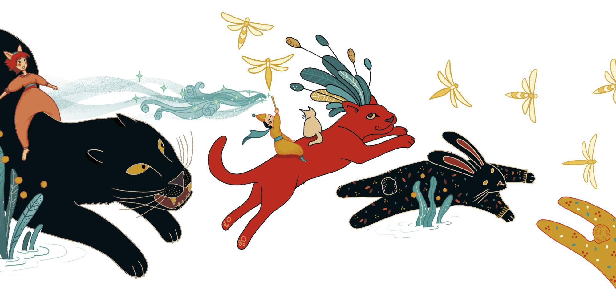 Illustrazione di animali fantastici simili a felini e conigli che giocano a rincorrersi