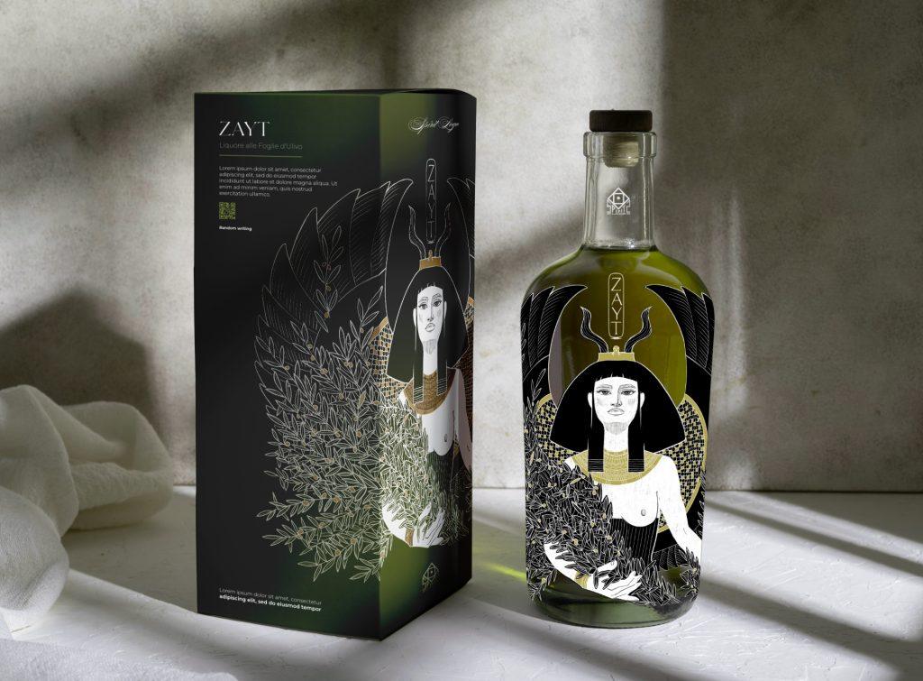 bottiglia e scatola illustrata di distillato alle foglie d'ulivo con la bellissima illustrazione della dea Iside