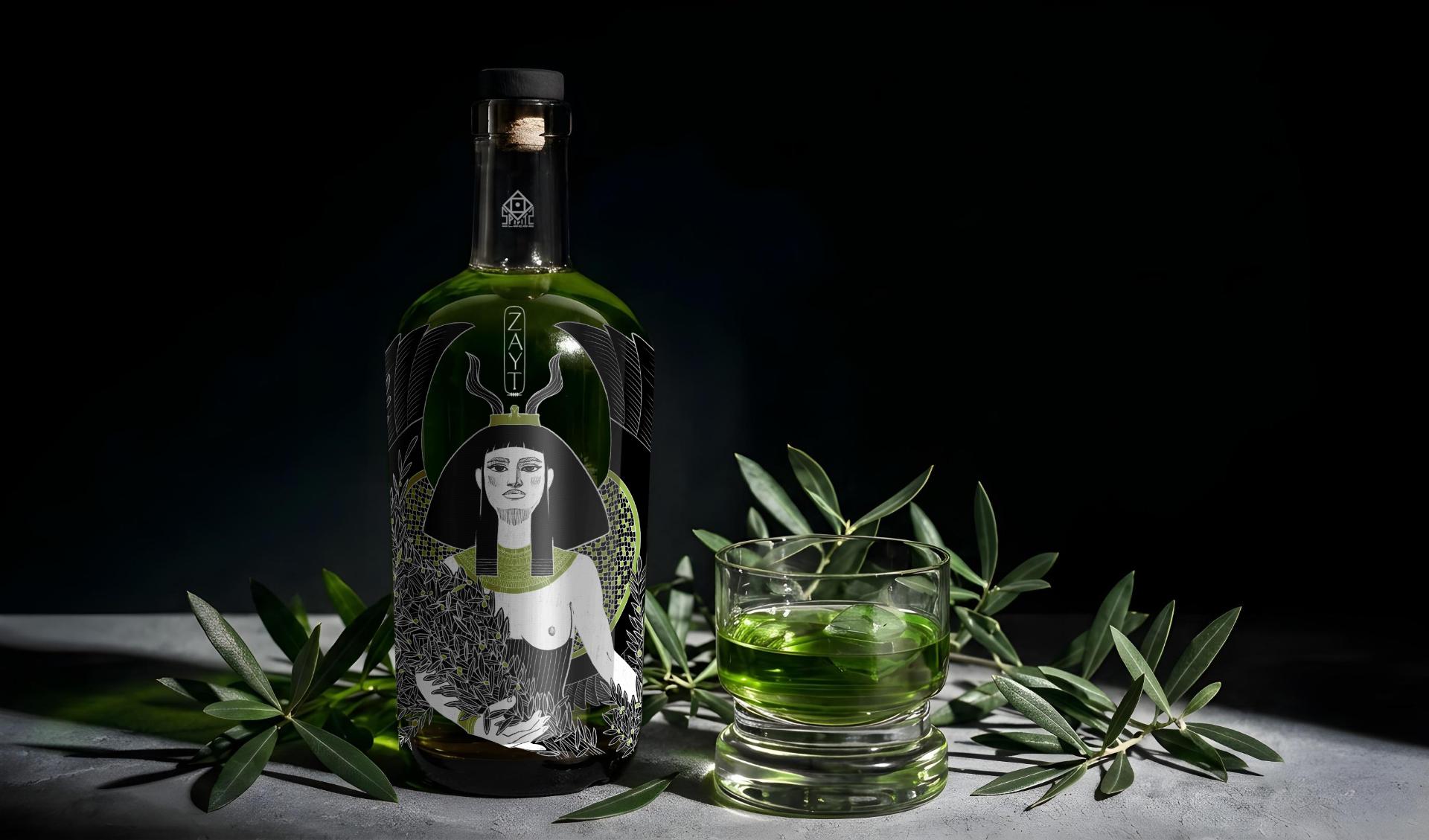 artistic spirit packaging, a bottle featuring Isis goddess on an olive leaf spirit