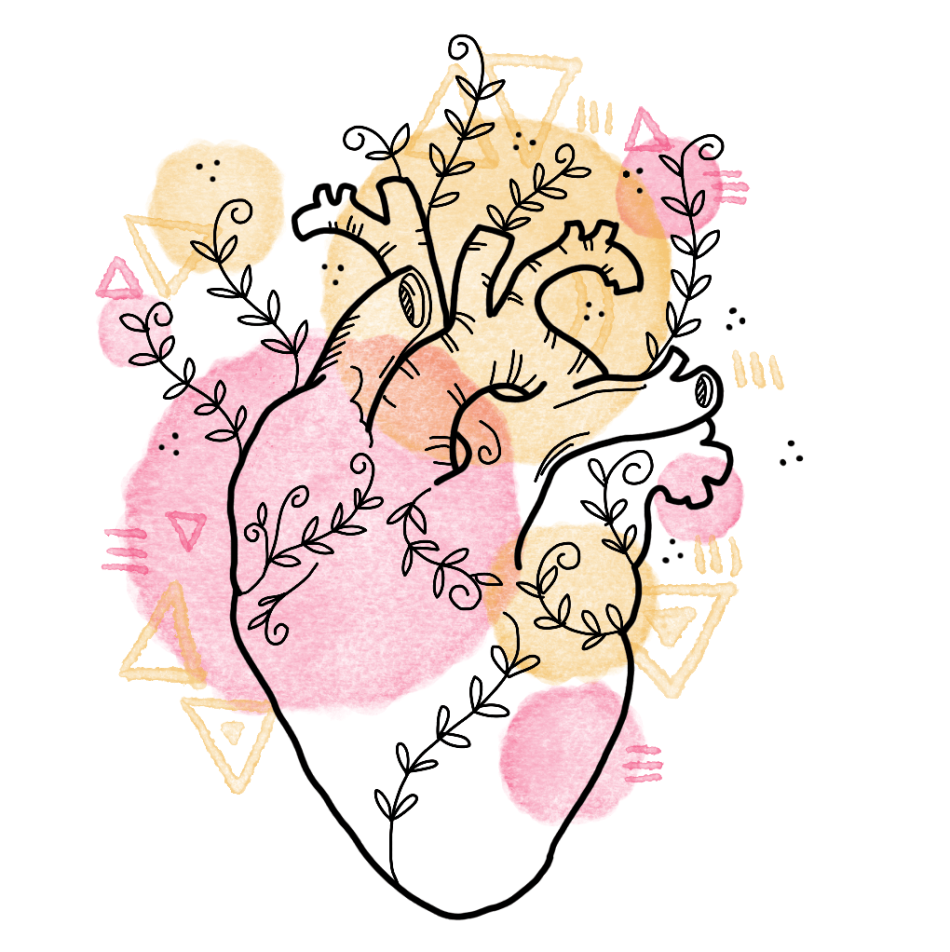 La rappresentazione di un cuore anatomico stilizzato, con macchie e simboli colorati che rappresentano il legame tra bellezza e profondità di significato e cura
