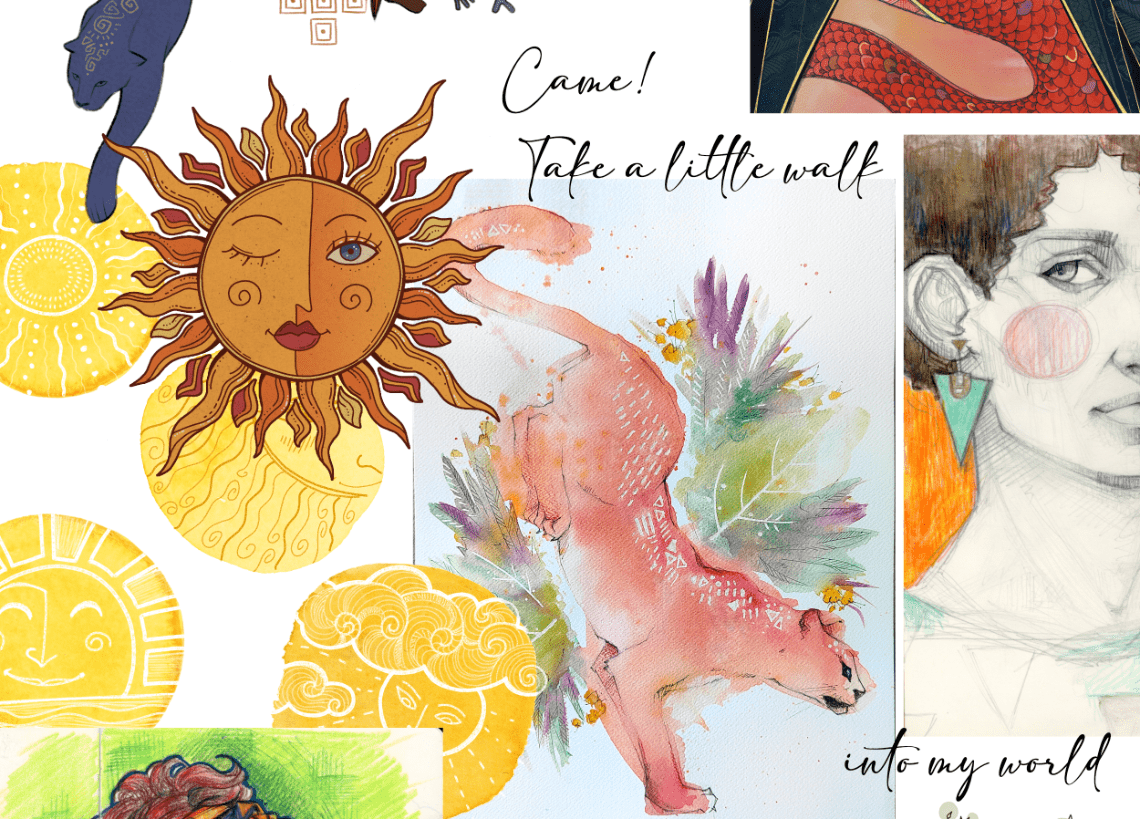 A collage of my illustration, sample of my visual style. Suns, a big watercolor cougar, a woman