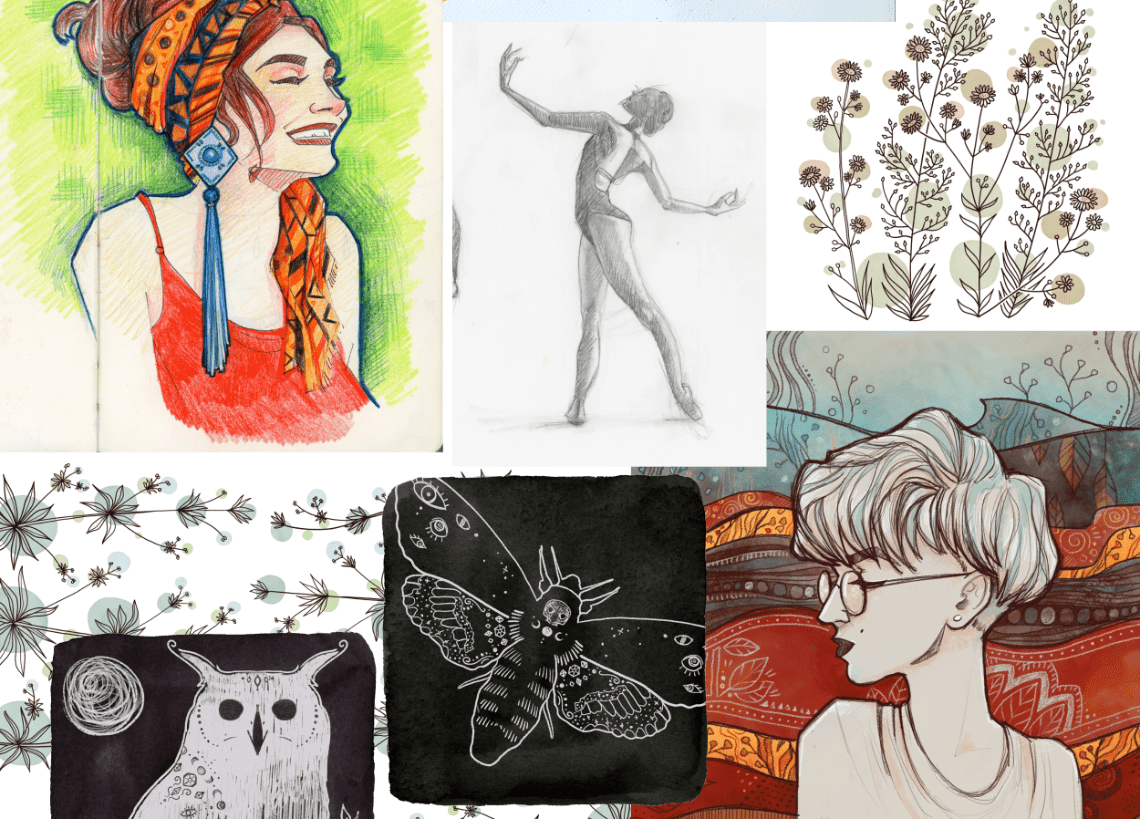 A collage of my illustration, sample of my visual style. Women illustrated in digital and traditional techniques. A halloween owl and a moth