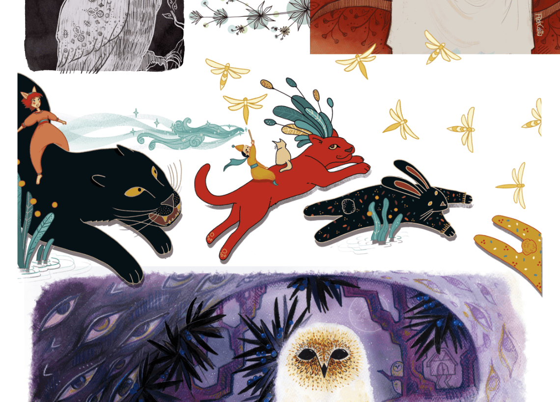 A collage of my illustration, sample of my visual style. Oneiric visions of fantastic animals