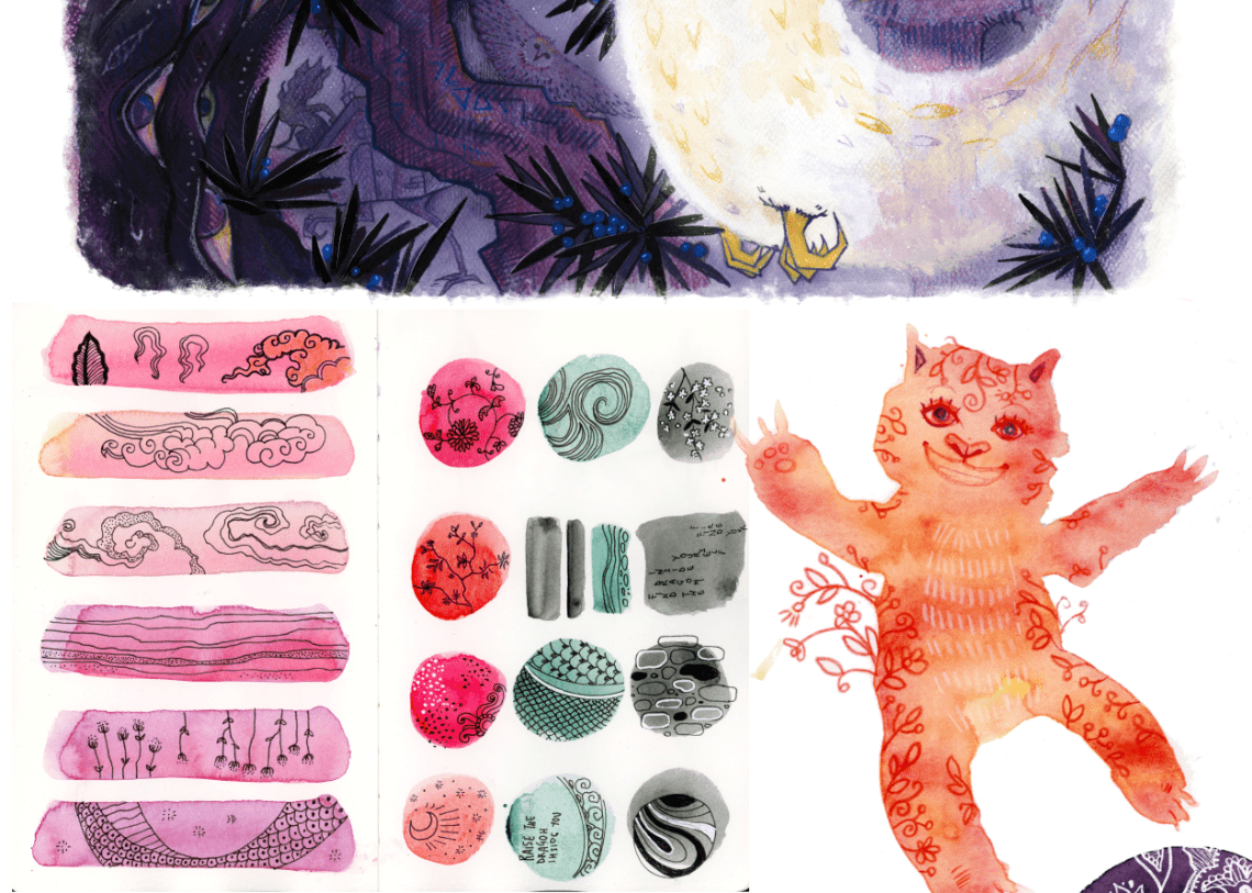 A collage of my illustration, sample of my visual style. A fancy cat, china inspired motifs and a fantasy owl
