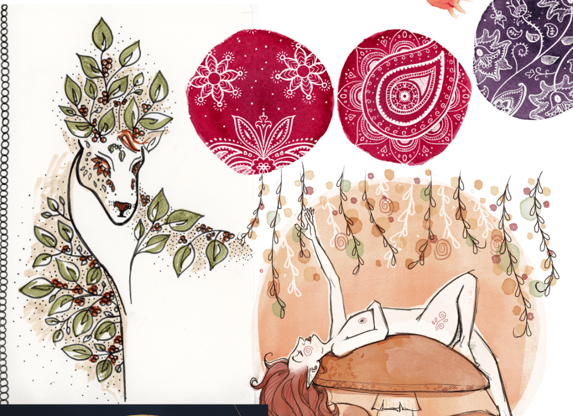 A collage of my illustration, sample of my visual style. An elf woman leaning on a mushroom, paysley pattern and a folk stile deer