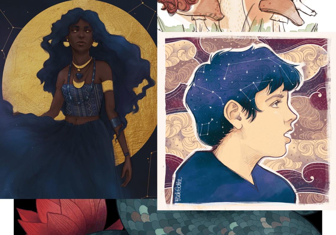 A collage of my illustration, sample of my visual style. A black woman with moon in a mysterious atmosphere and a child with a dreaming look
