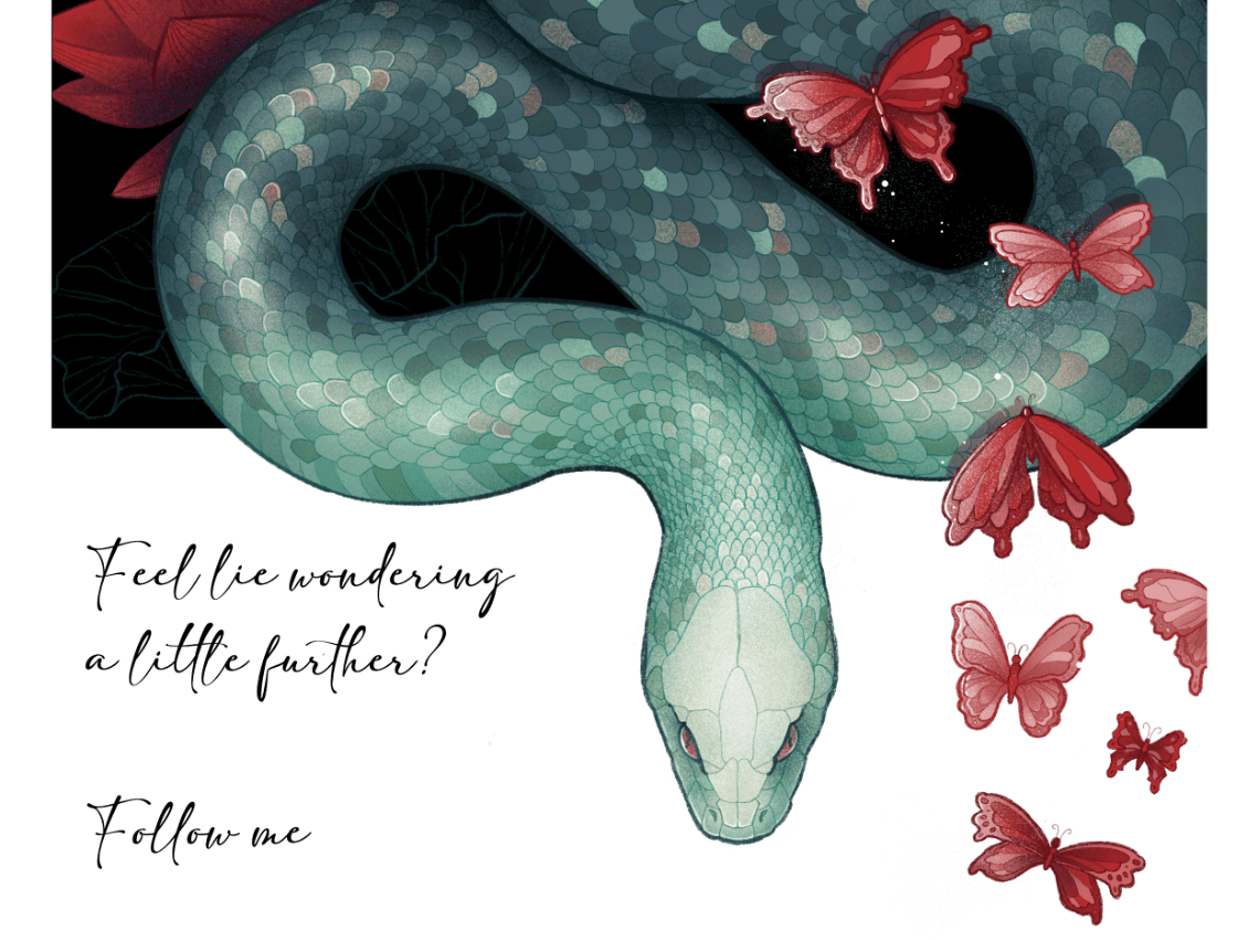 A collage of my illustration, sample of my visual style. A snake, lotus flowers and butterflies