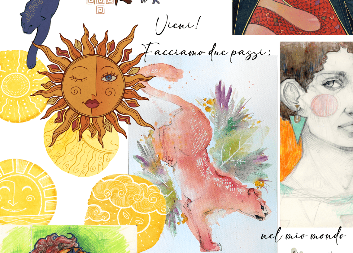 Collage di illustrazioni per presentare il mio stile. Sole, donne, un puma ad acquerello