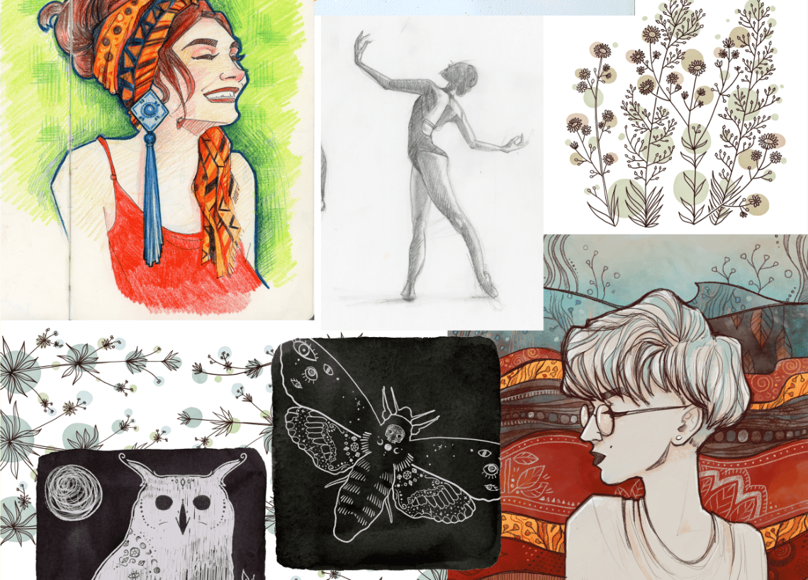 Collage di illustrazioni per presentare il mio stile. Donne, una falena, un gufo stile halloween, botaniche