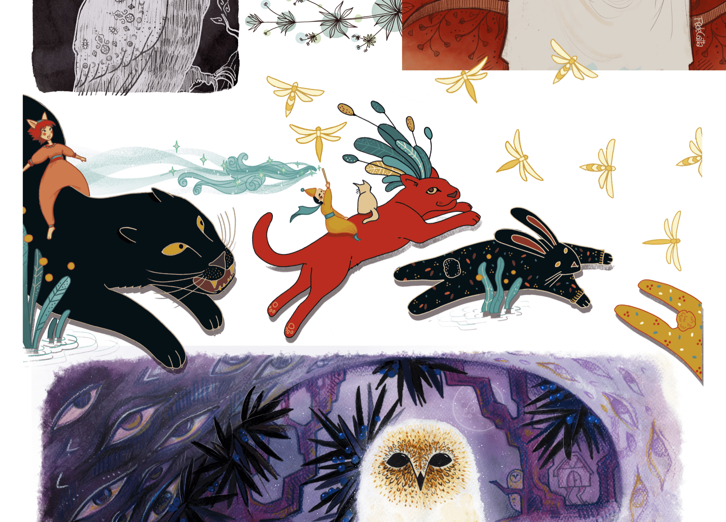 Collage di illustrazioni per presentare il mio stile. Immagini oniriche e surreali di animali fantastici che si rincorrono