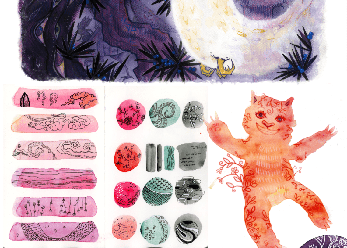 Collage di illustrazioni per presentare il mio stile. motivi ispirati alla cina, uno strano gatto decorato ad acquerello
