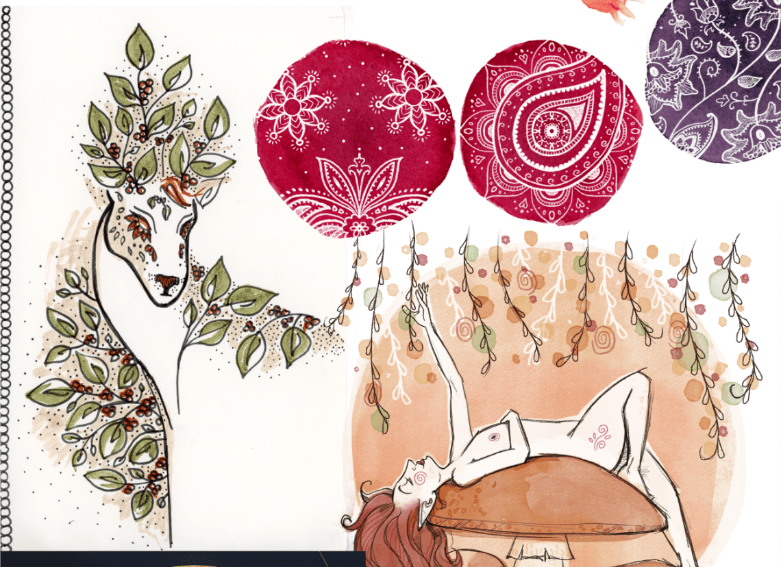 Collage di illustrazioni per presentare il mio stile. Un folletto sdraiato su un fungo, motivi paysley, un daino decorato con motivi botanici