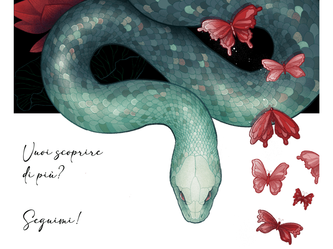 Collage di illustrazioni per presentare il mio stile. Un serpente, fiori di loto e farfalle